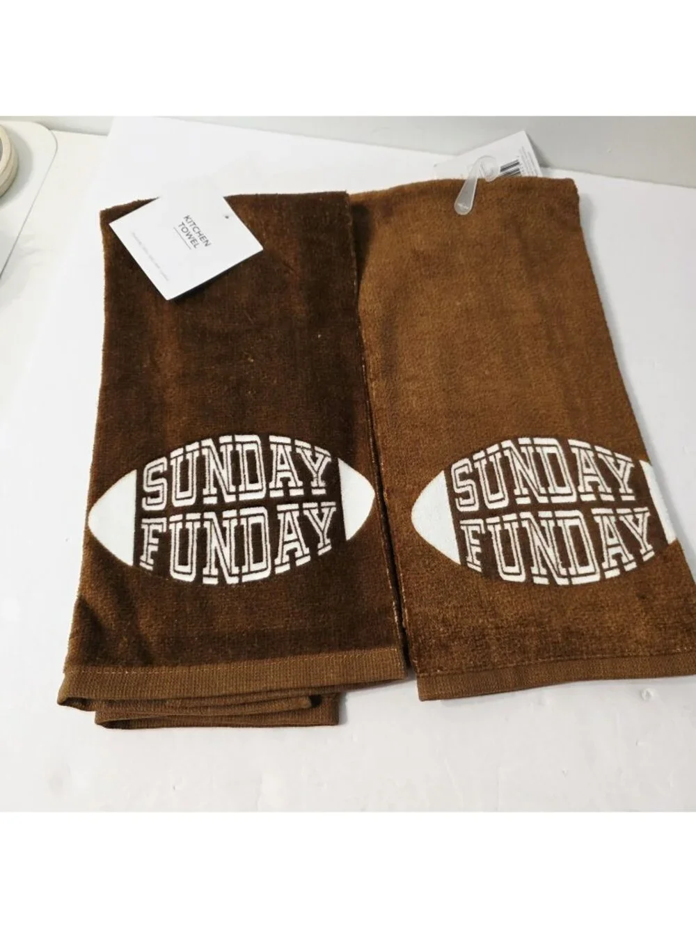 2 Brown Cotton Kitchen Towels Sunday Funday Football Themed Decor